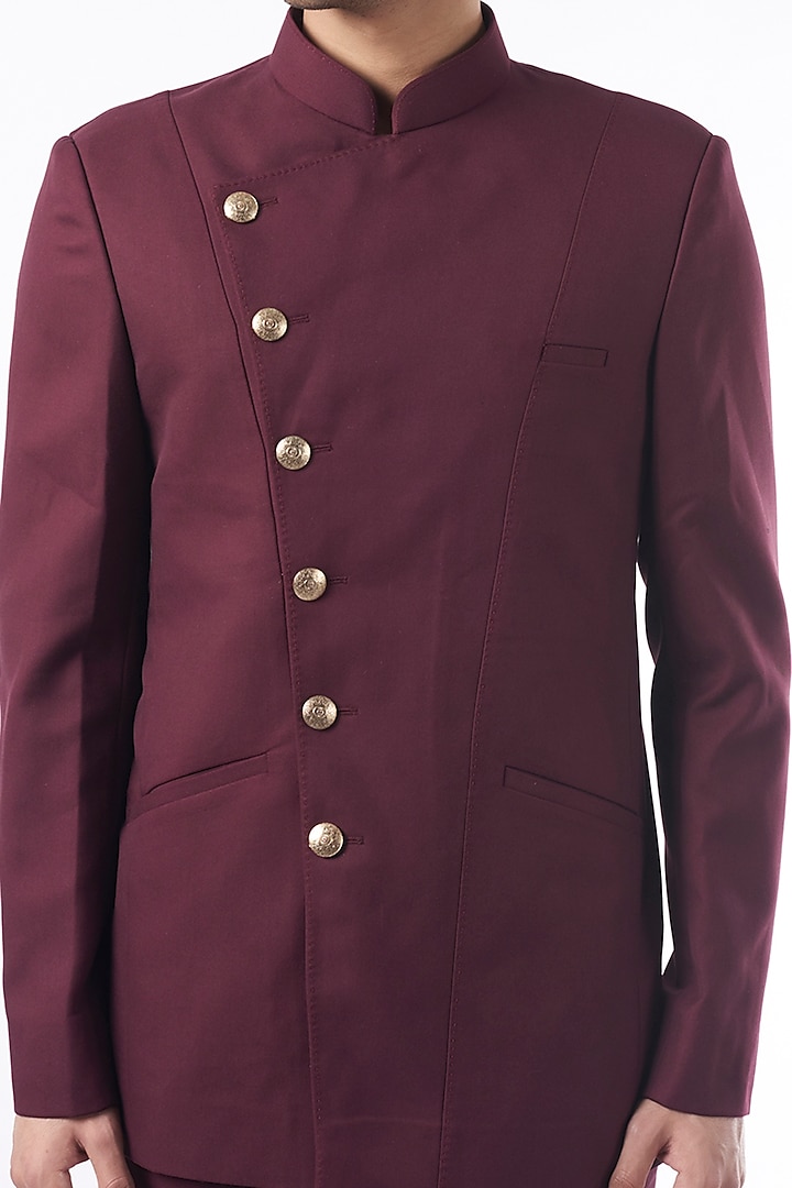 Wine Angrakha Bandhgala Jacket Set by Qbik Men at Pernia's Pop Up Shop
