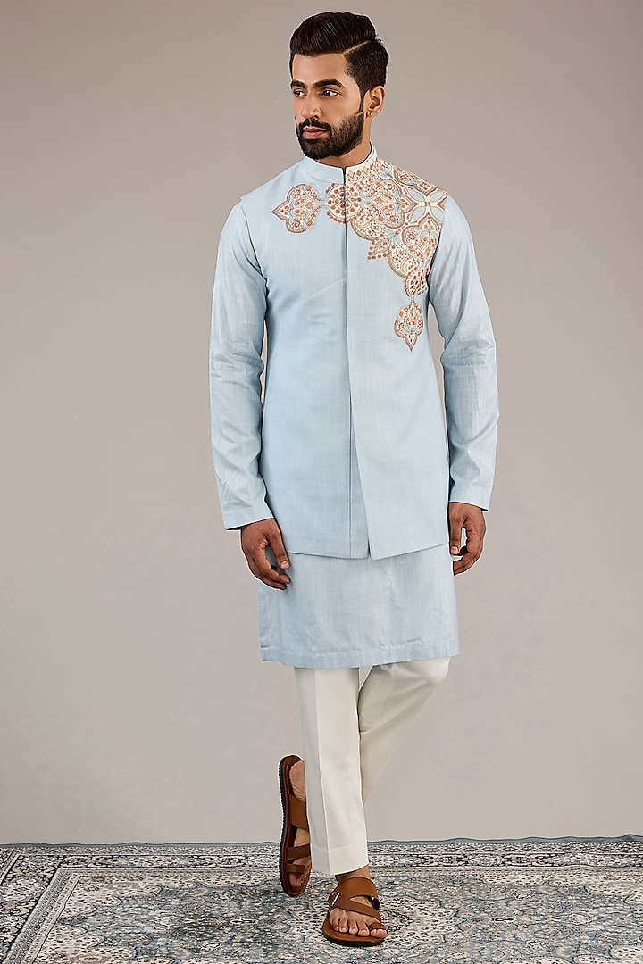 Powder Blue Cotton Matka Kashmiri Embroidered Nehru Jacket Set by Qbik Men