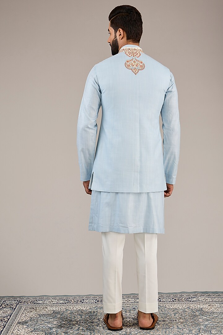 Powder Blue Cotton Matka Kashmiri Embroidered Nehru Jacket Set by Qbik Men at Pernia's Pop Up Shop