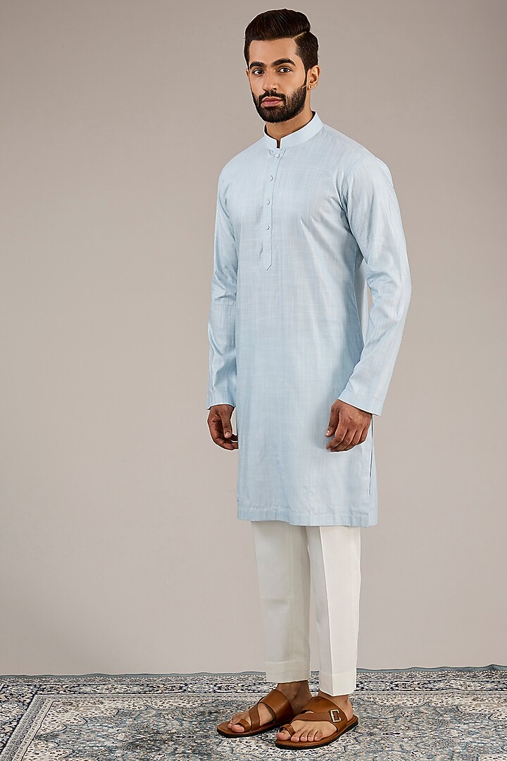 Powder Blue Cotton Matka Kashmiri Embroidered Nehru Jacket Set by Qbik Men at Pernia's Pop Up Shop