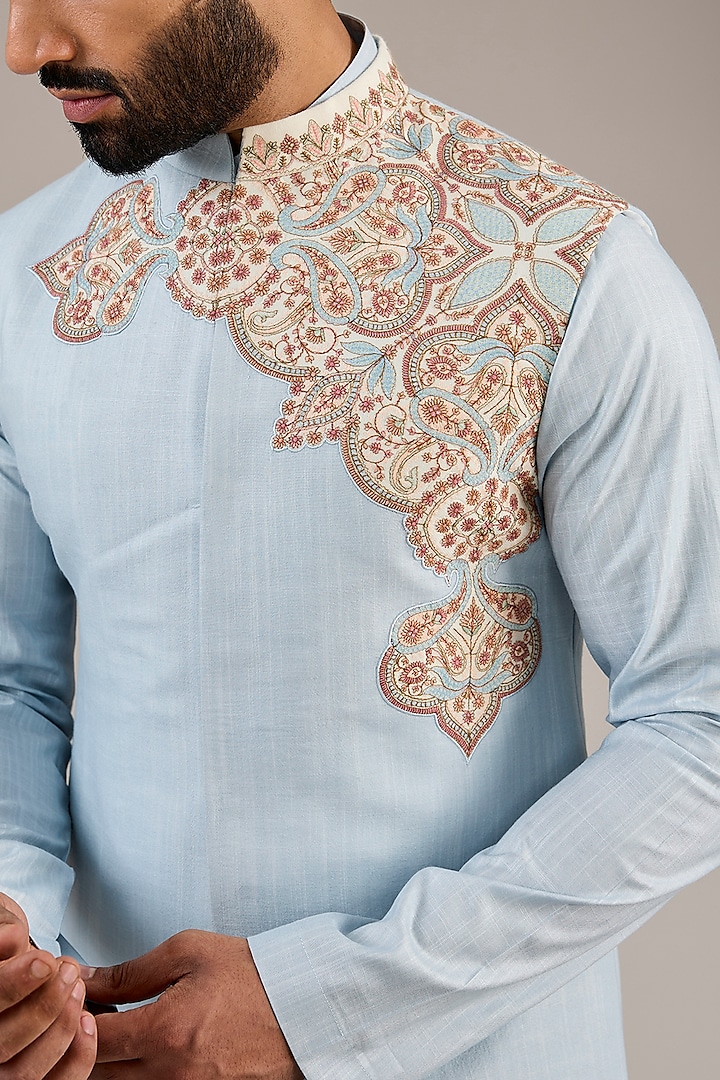 Powder Blue Cotton Matka Kashmiri Embroidered Nehru Jacket Set by Qbik Men at Pernia's Pop Up Shop