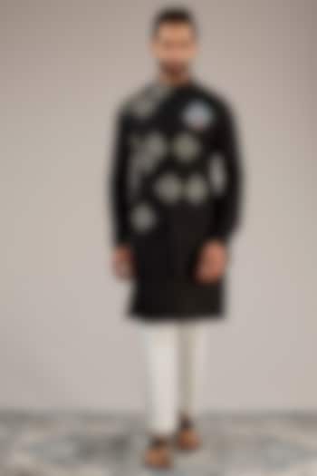 Black Cotton Matka Kashmiri Motif Embroidered Nehru Jacket Set by Qbik Men at Pernia's Pop Up Shop