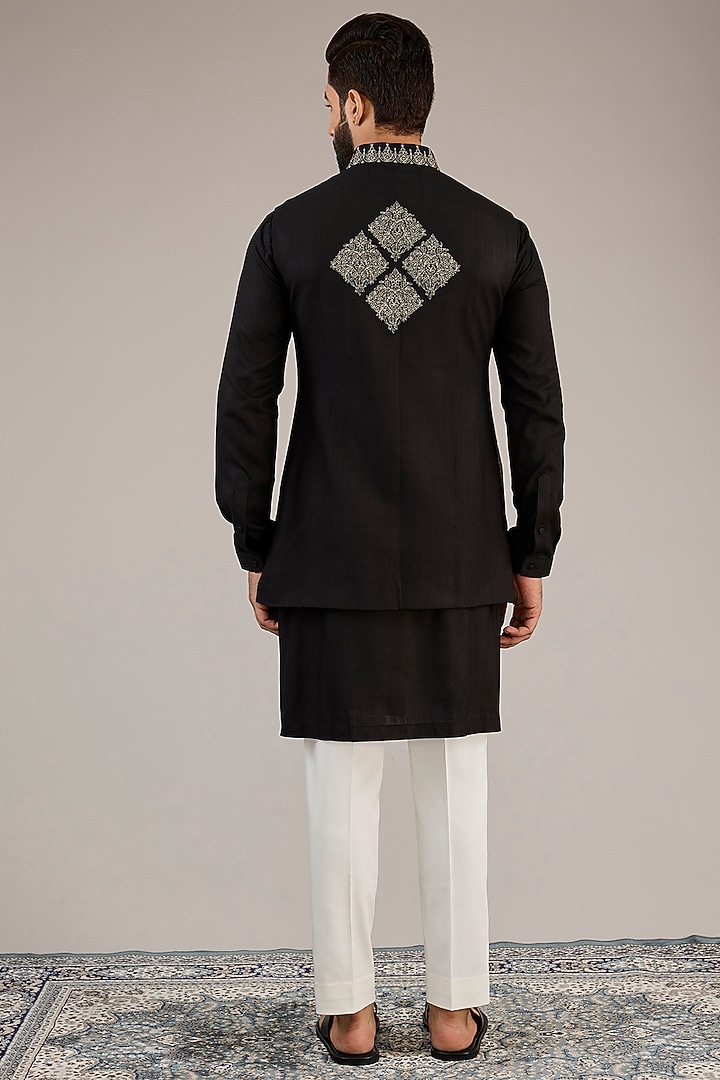 Black Cotton Matka Kashmiri Motif Embroidered Nehru Jacket Set by Qbik Men at Pernia's Pop Up Shop