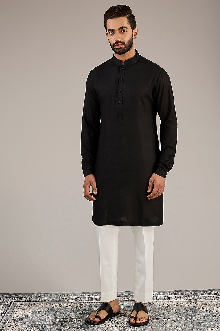 Black Cotton Matka Kashmiri Motif Embroidered Nehru Jacket Set by Qbik Men at Pernia's Pop Up Shop