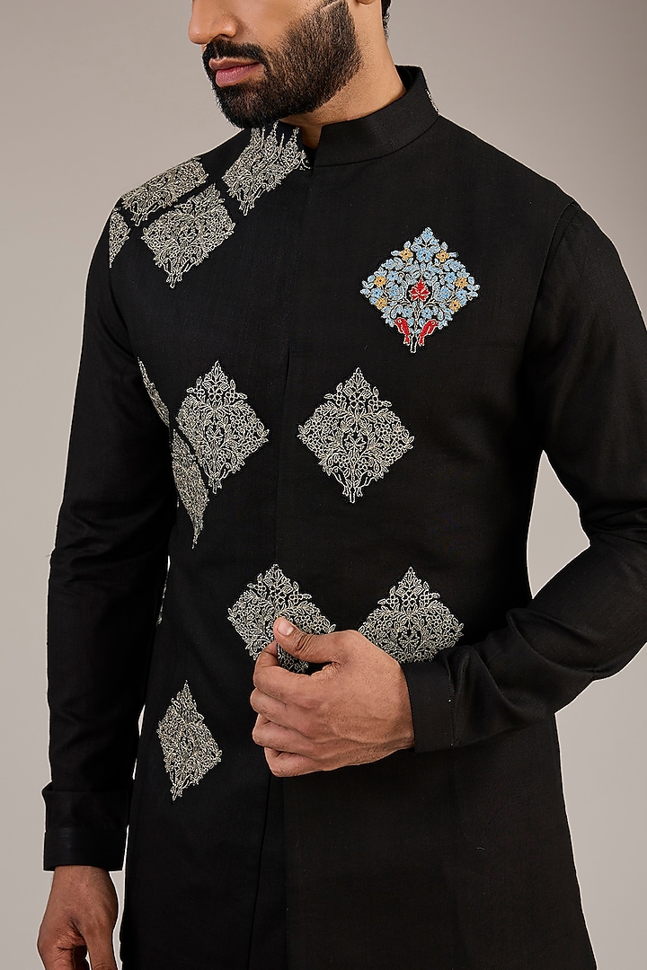 Black Cotton Matka Kashmiri Motif Embroidered Nehru Jacket Set by Qbik Men at Pernia's Pop Up Shop