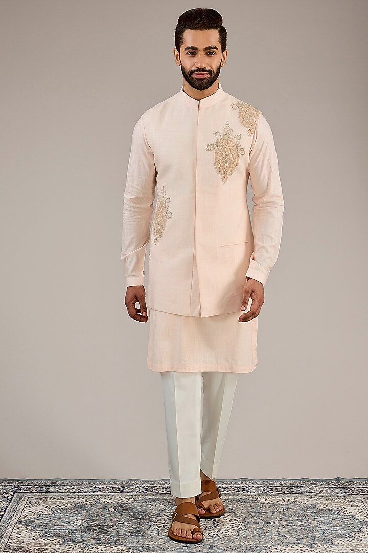 Light Pink Cotton Matka Kashmiri Motif Embroidered Nehru Jacket Set by Qbik Men at Pernia's Pop Up Shop