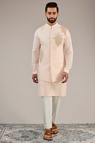 Light Pink Cotton Matka Kashmiri Motif Embroidered Nehru Jacket Set by Qbik Men