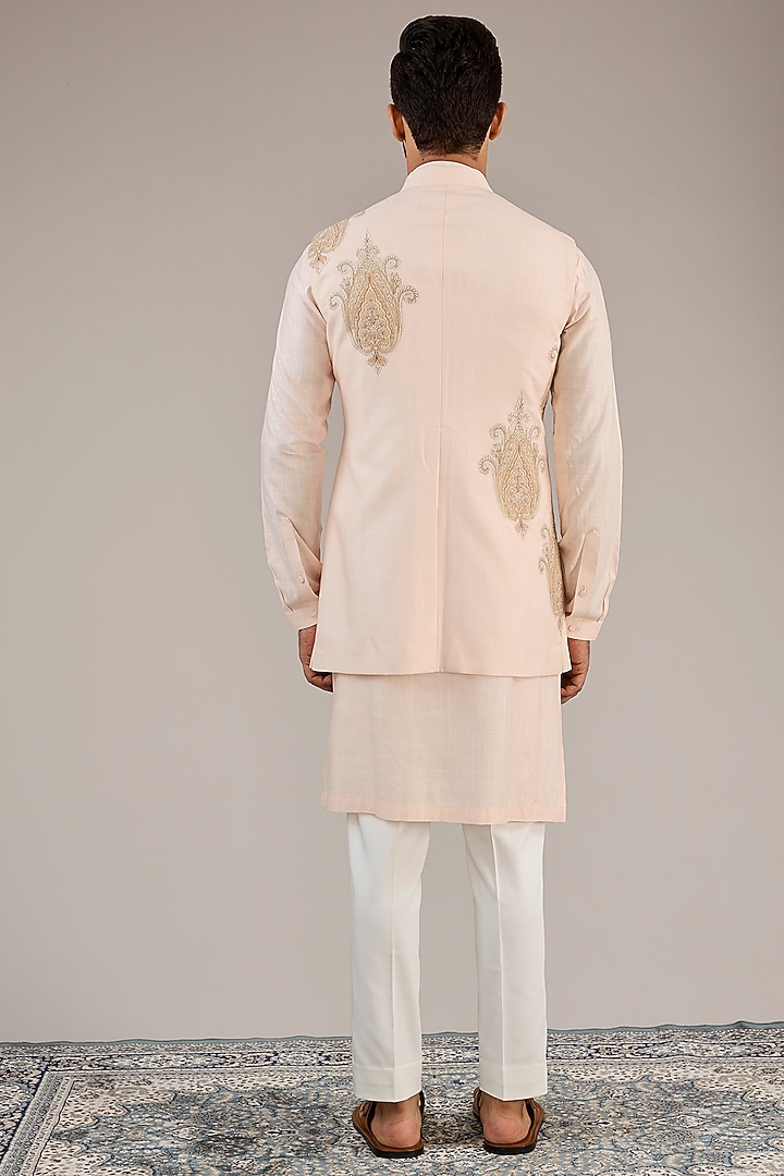 Light Pink Cotton Matka Kashmiri Motif Embroidered Nehru Jacket Set by Qbik Men at Pernia's Pop Up Shop