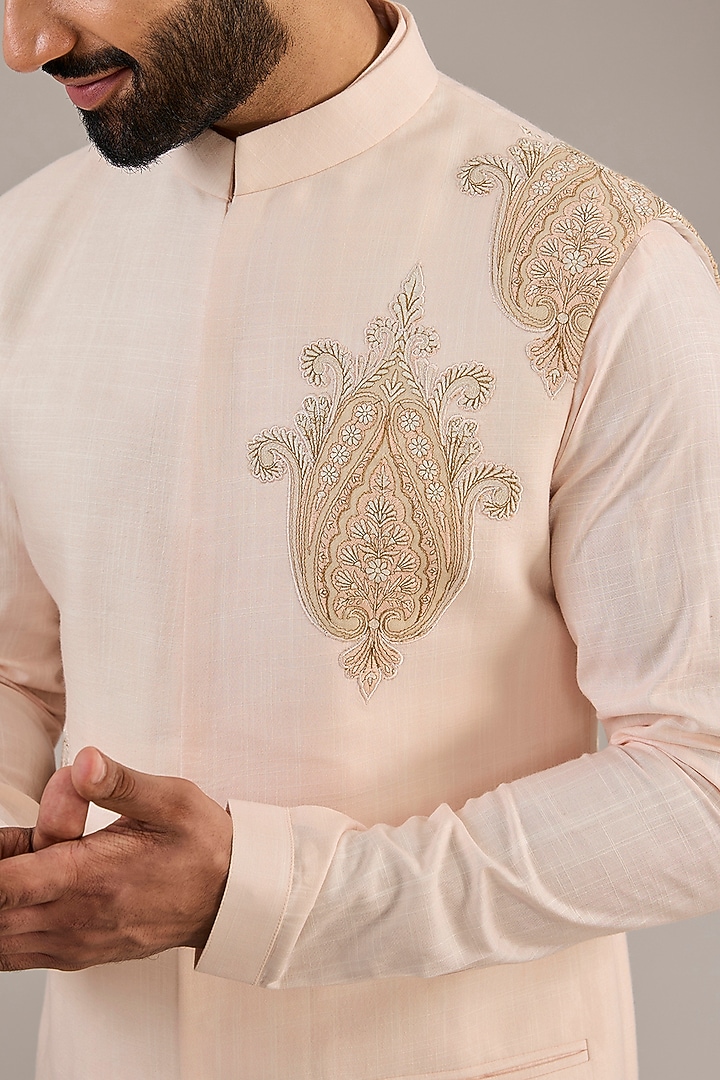 Light Pink Cotton Matka Kashmiri Motif Embroidered Nehru Jacket Set by Qbik Men at Pernia's Pop Up Shop
