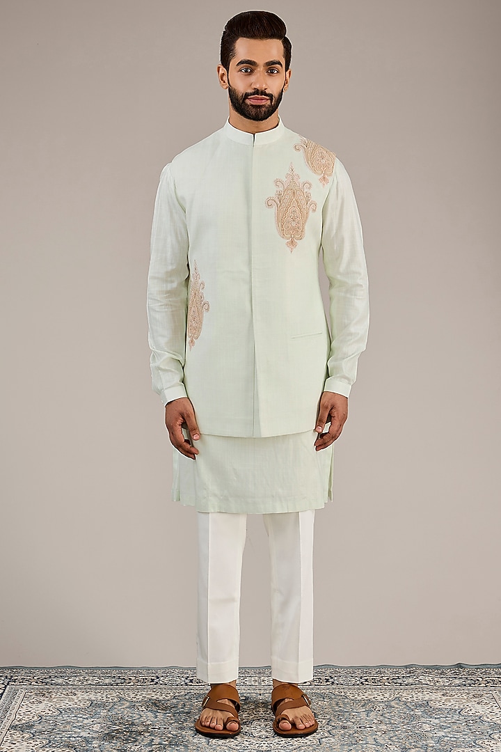 Light Mint Cotton Matka Kashmiri Motif Embroidered Nehru Jacket Set by Qbik Men