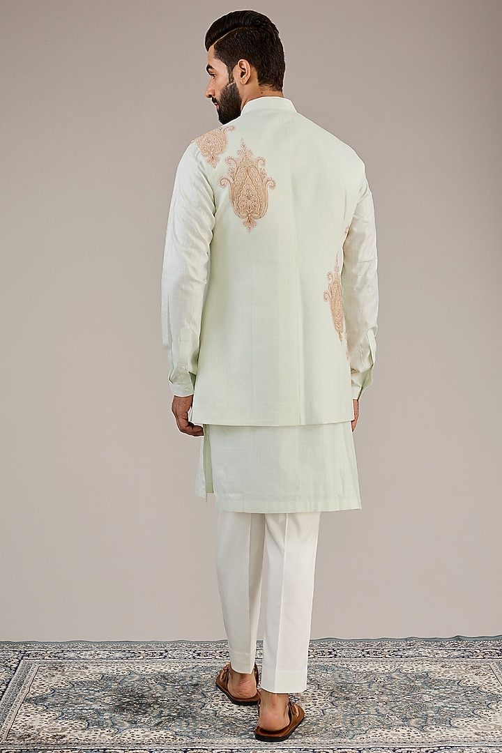 Light Mint Cotton Matka Kashmiri Motif Embroidered Nehru Jacket Set by Qbik Men at Pernia's Pop Up Shop
