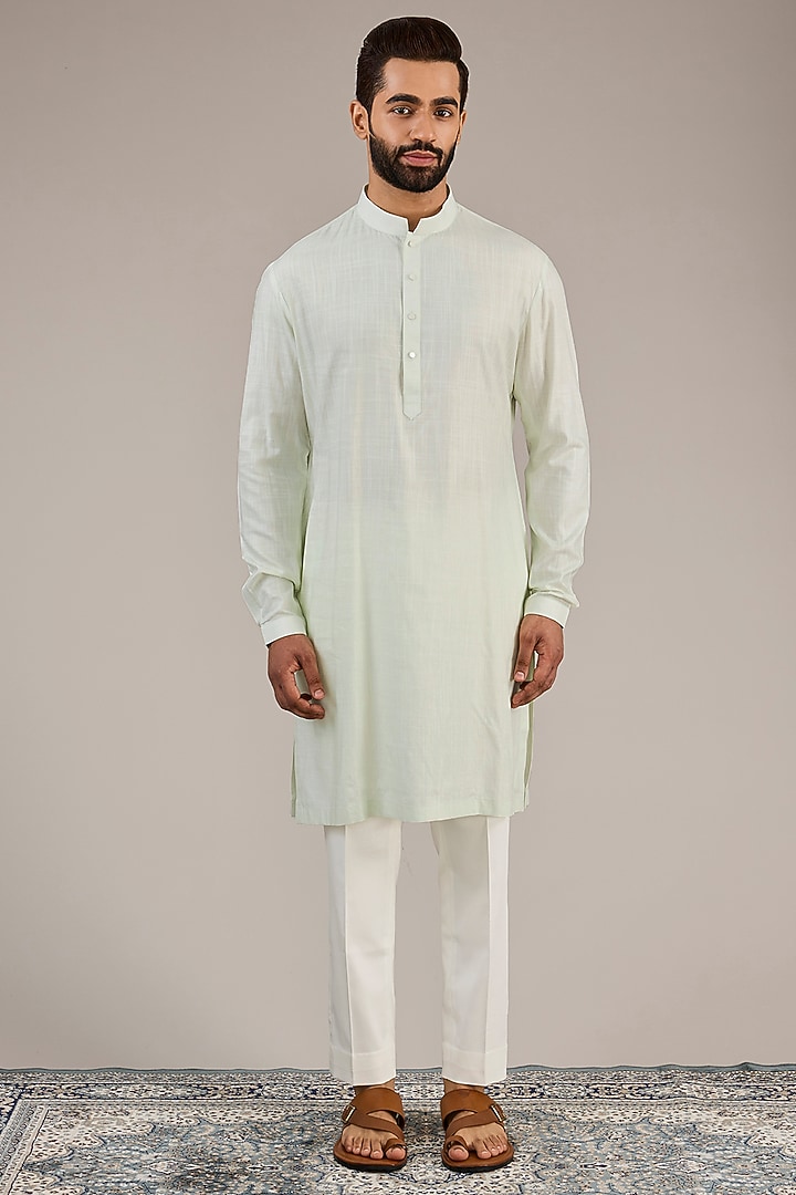Light Mint Cotton Matka Kashmiri Motif Embroidered Nehru Jacket Set by Qbik Men at Pernia's Pop Up Shop