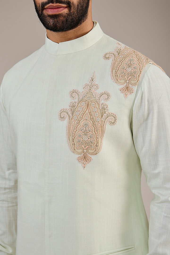 Light Mint Cotton Matka Kashmiri Motif Embroidered Nehru Jacket Set by Qbik Men at Pernia's Pop Up Shop