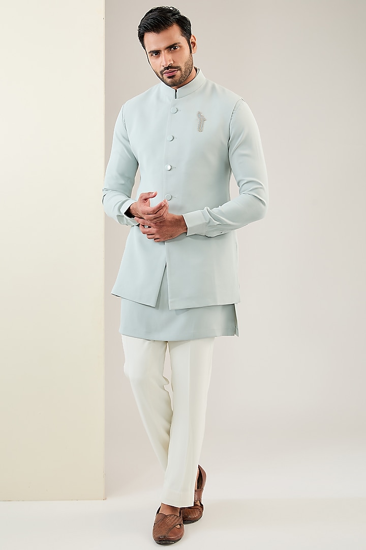 Mint Viscose Suiting Knit Nehru Jacket Set by Qbik Men