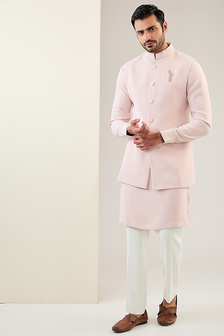 Pink Viscose Suiting Knit Nehru Jacket Set by Qbik Men