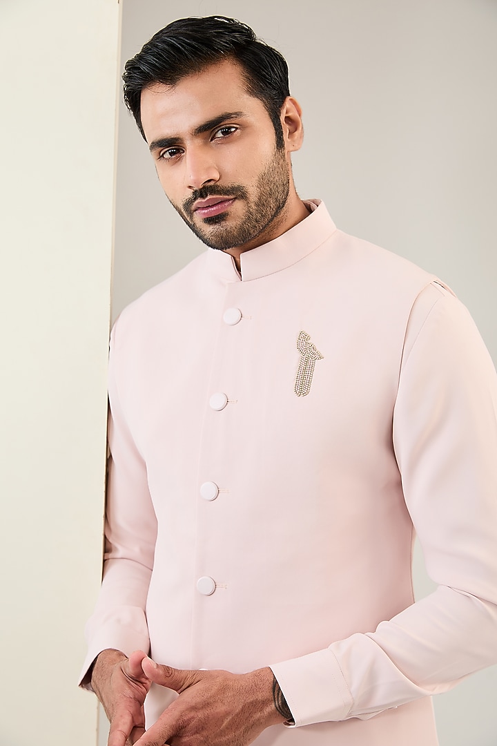 Pink Viscose Suiting Knit Nehru Jacket Set by Qbik Men at Pernia's Pop Up Shop