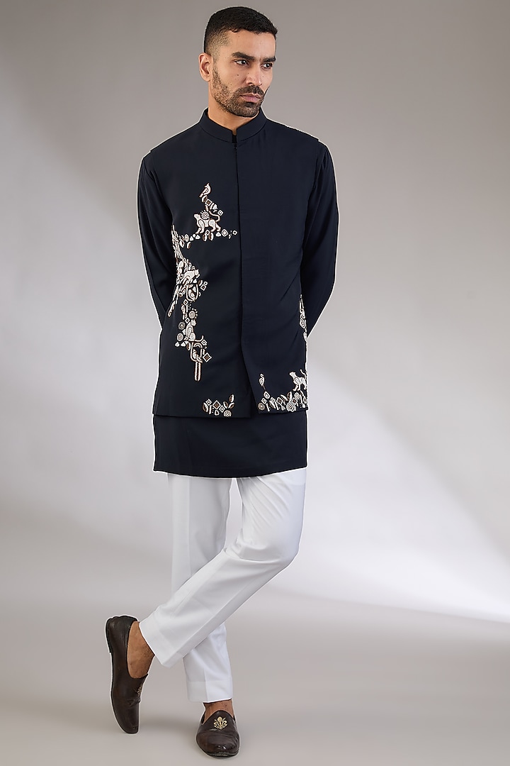 Navy Blue Viscose Suiting Knit Artwork Nehru Jacket Set by Qbik Men