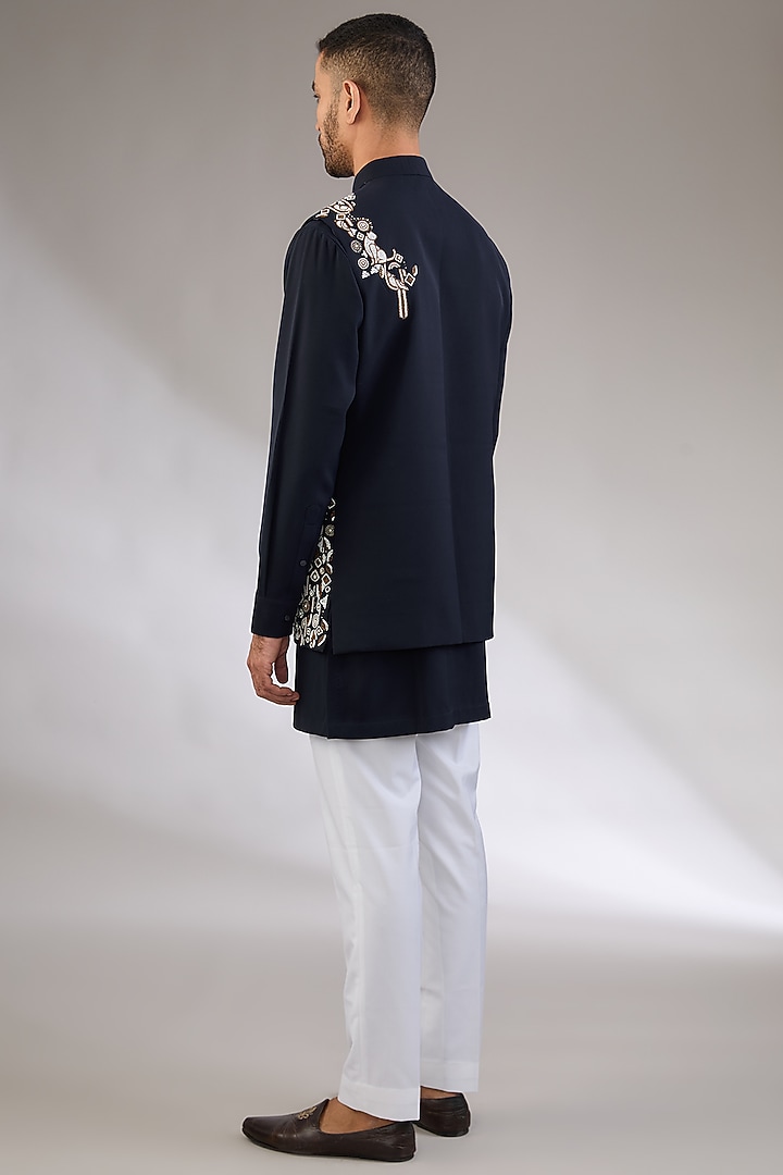 Navy Blue Viscose Suiting Knit Artwork Nehru Jacket Set by Qbik Men at Pernia's Pop Up Shop