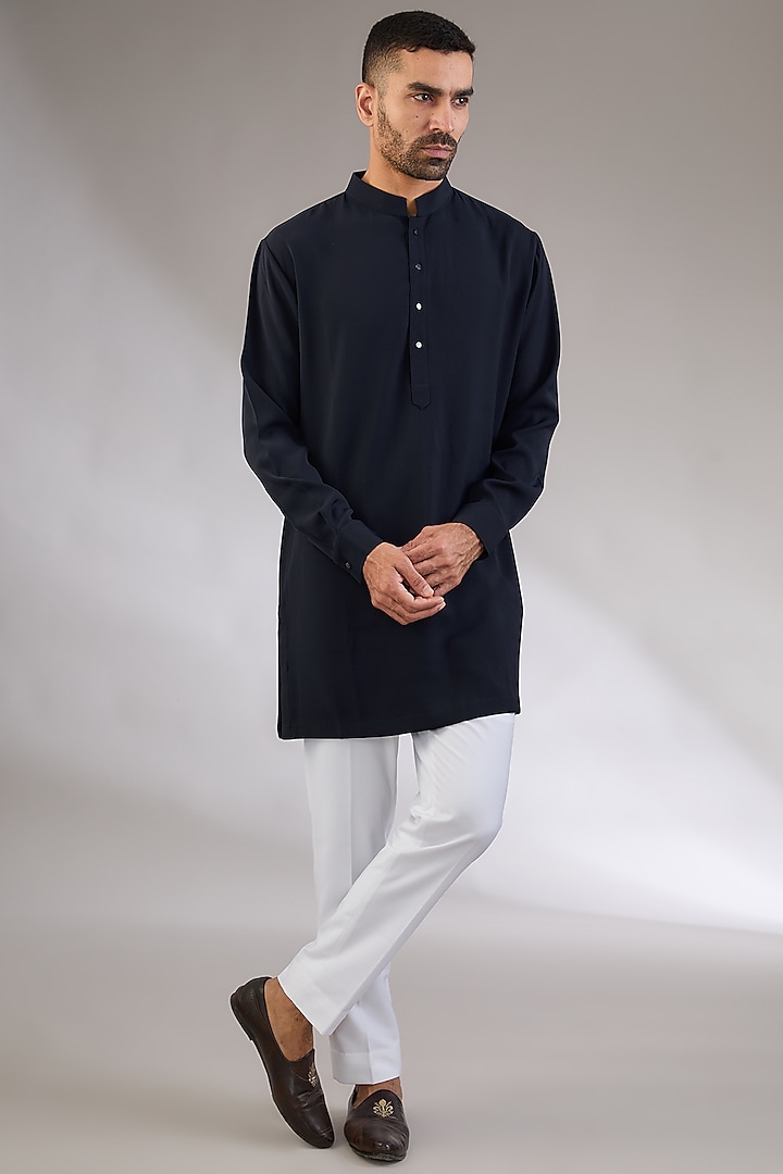 Navy Blue Viscose Suiting Knit Artwork Nehru Jacket Set by Qbik Men at Pernia's Pop Up Shop