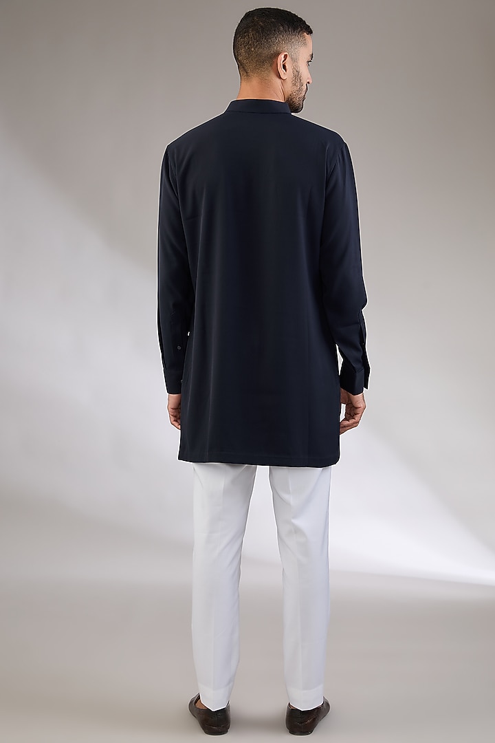 Navy Blue Viscose Suiting Knit Artwork Nehru Jacket Set by Qbik Men at Pernia's Pop Up Shop