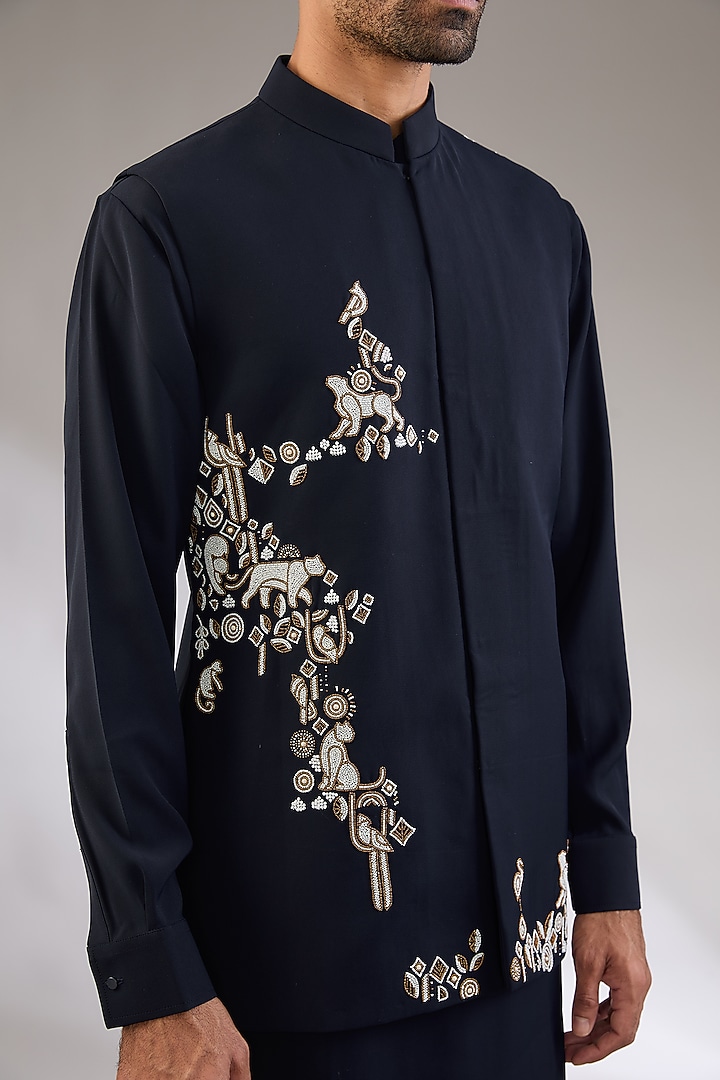 Navy Blue Viscose Suiting Knit Artwork Nehru Jacket Set by Qbik Men at Pernia's Pop Up Shop