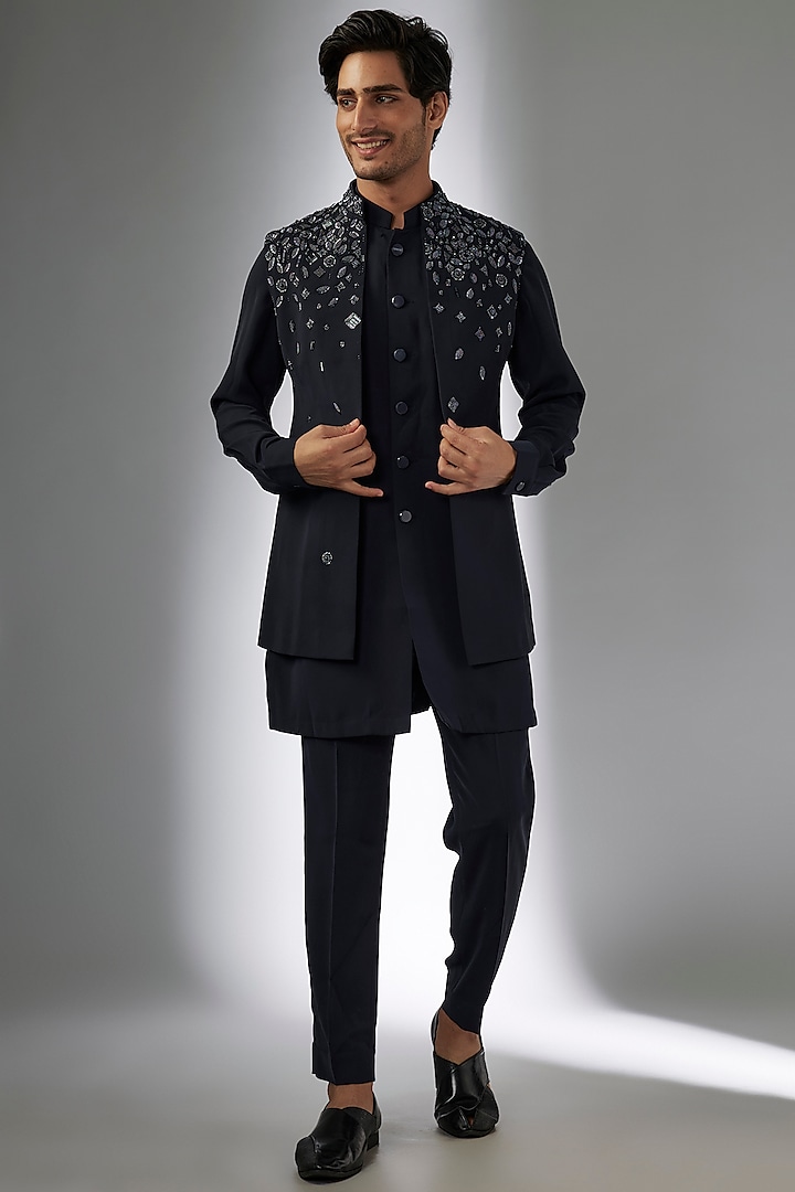 Navy Blue Viscose Suiting Knit Embellished Nehru Jacket Set by Qbik Men