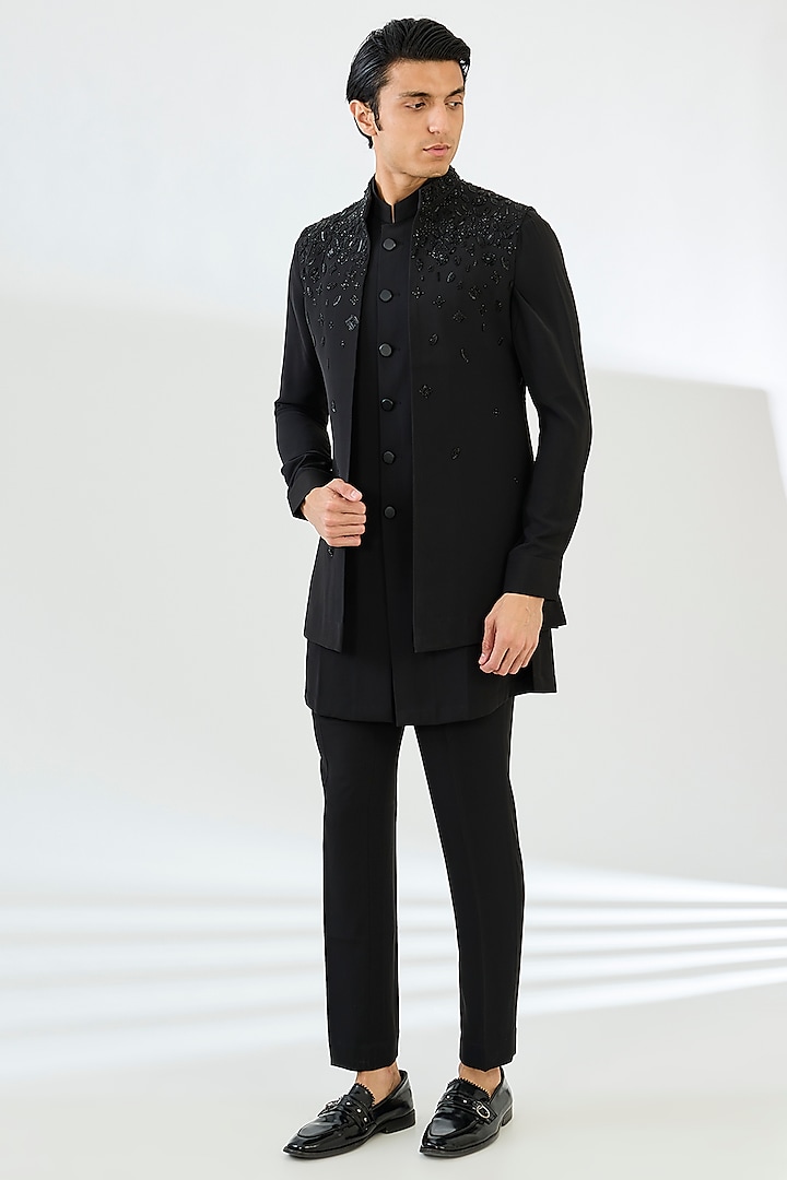 Black Viscose Suiting Knit Embellished Indo-Western Jacket Set by Qbik Men at Pernia's Pop Up Shop