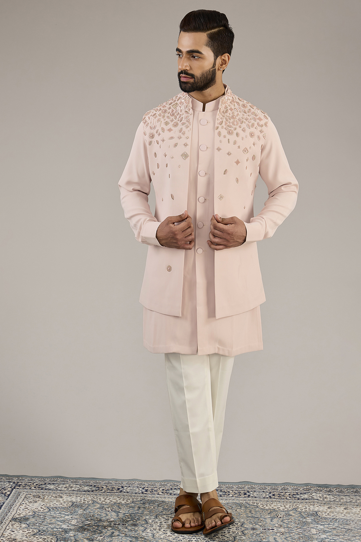 Pink Viscose Suiting Knit Embellished Front Open Nehru Jacket Set by Qbik Men at Pernia's Pop Up Shop