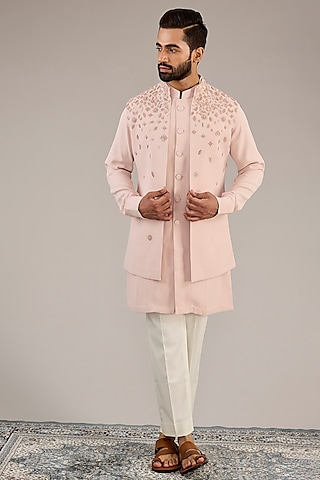 Pink Viscose Suiting Knit Embellished Front Open Nehru Jacket Set by Qbik Men