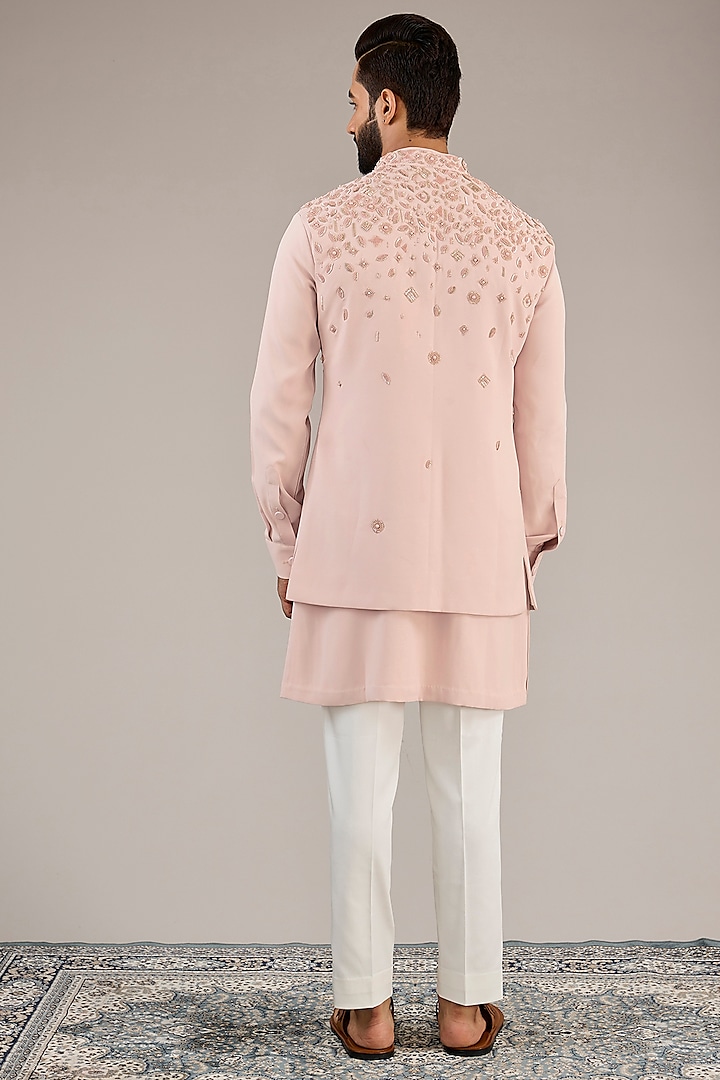Pink Viscose Suiting Knit Embellished Front Open Nehru Jacket Set by Qbik Men at Pernia's Pop Up Shop