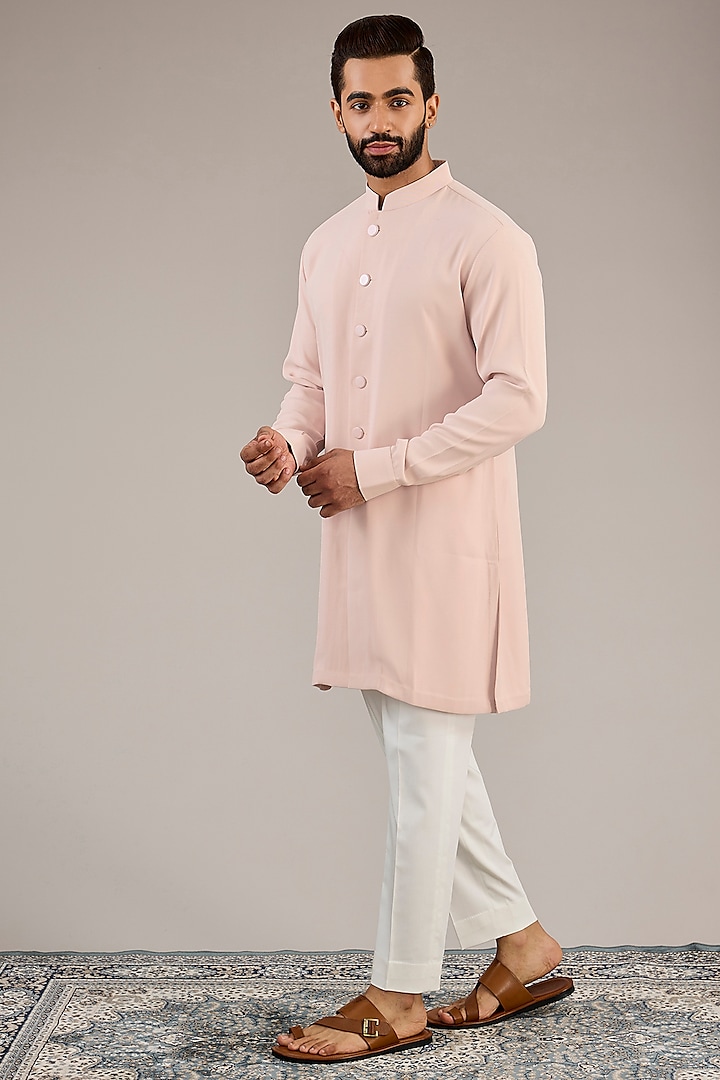 Pink Viscose Suiting Knit Embellished Front Open Nehru Jacket Set by Qbik Men at Pernia's Pop Up Shop
