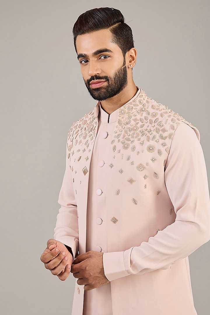 Pink Viscose Suiting Knit Embellished Front Open Nehru Jacket Set by Qbik Men at Pernia's Pop Up Shop