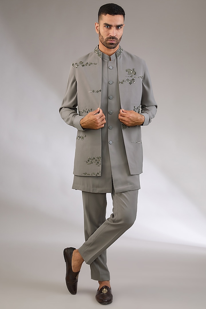 Grey Viscose Suiting Knit Artwork Front-Open Nehru Jacket Set by Qbik Men