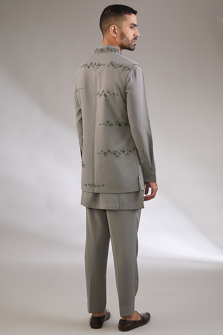 Grey Viscose Suiting Knit Artwork Front-Open Nehru Jacket Set by Qbik Men at Pernia's Pop Up Shop