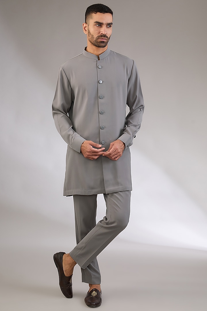 Grey Viscose Suiting Knit Artwork Front-Open Nehru Jacket Set by Qbik Men at Pernia's Pop Up Shop