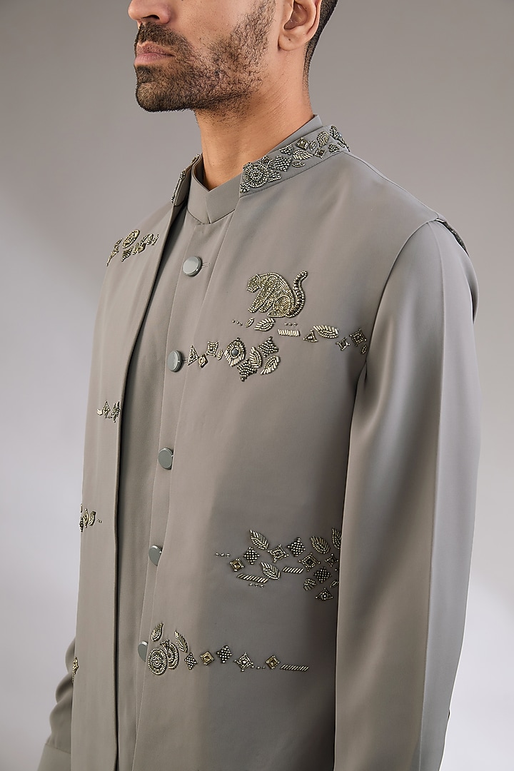 Grey Viscose Suiting Knit Artwork Front-Open Nehru Jacket Set by Qbik Men at Pernia's Pop Up Shop