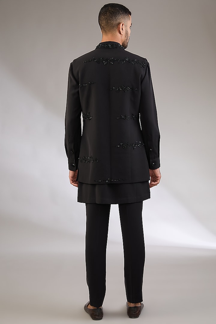 Black Viscose Suiting Knit Artwork Front-Open Nehru Jacket Set by Qbik Men at Pernia's Pop Up Shop
