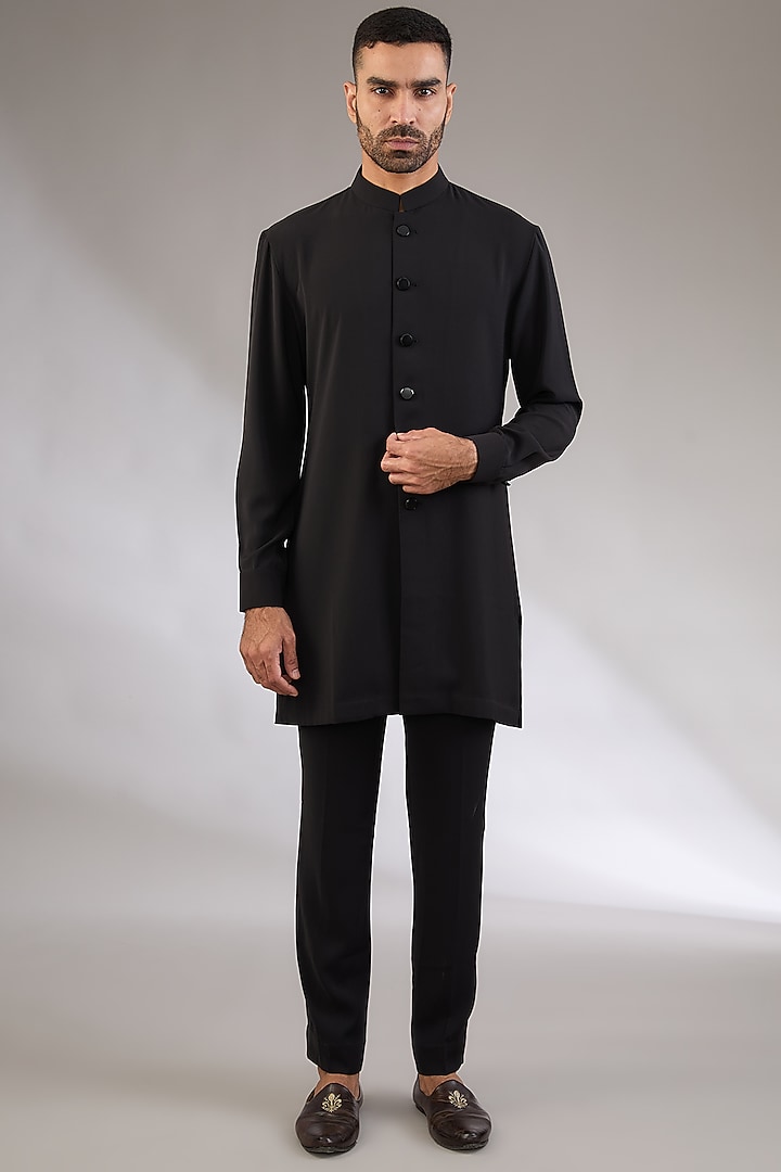 Black Viscose Suiting Knit Artwork Front-Open Nehru Jacket Set by Qbik Men at Pernia's Pop Up Shop
