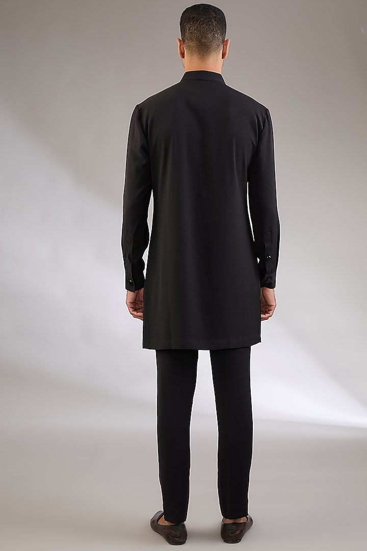 Black Viscose Suiting Knit Artwork Front-Open Nehru Jacket Set by Qbik Men at Pernia's Pop Up Shop