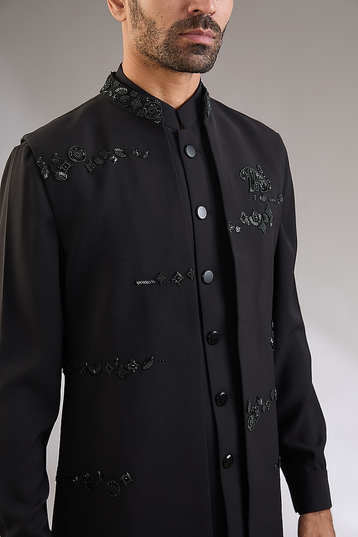 Black Viscose Suiting Knit Artwork Front-Open Nehru Jacket Set by Qbik Men at Pernia's Pop Up Shop