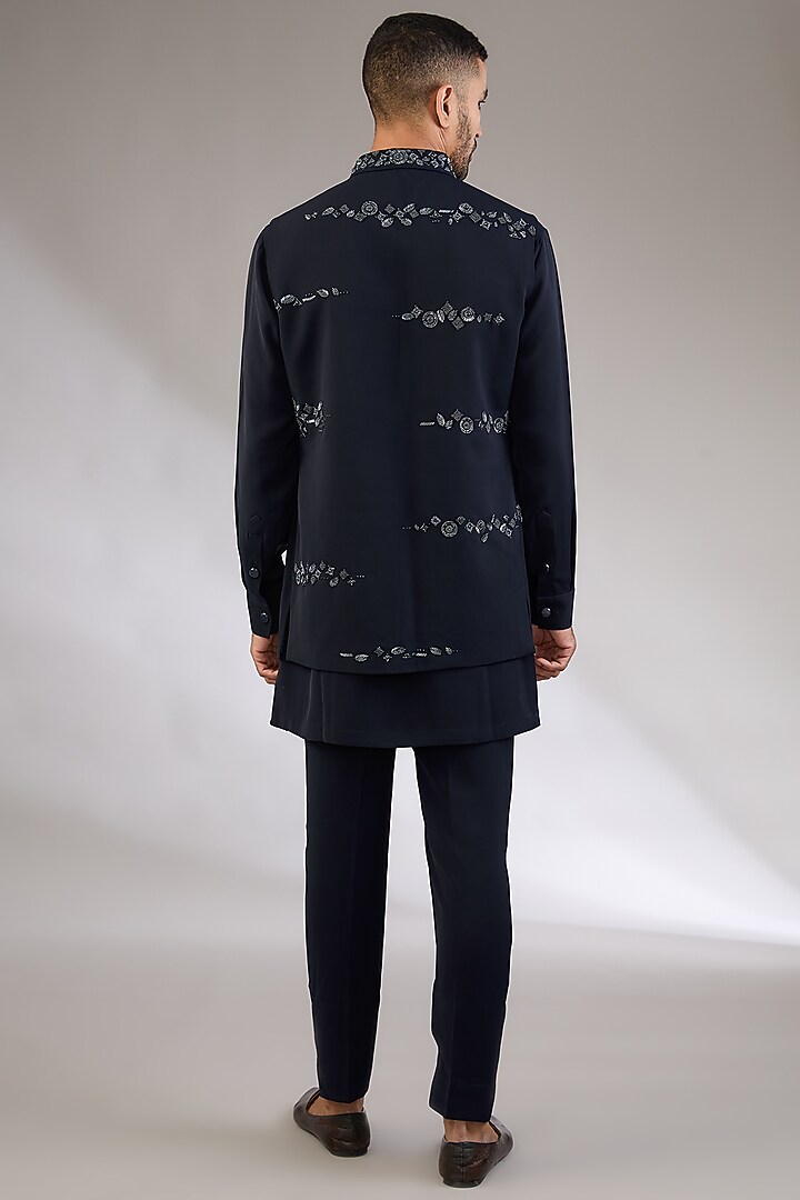 Navy Blue Viscose Suiting Knit Artwork Front-Open Nehru Jacket Set by Qbik Men at Pernia's Pop Up Shop