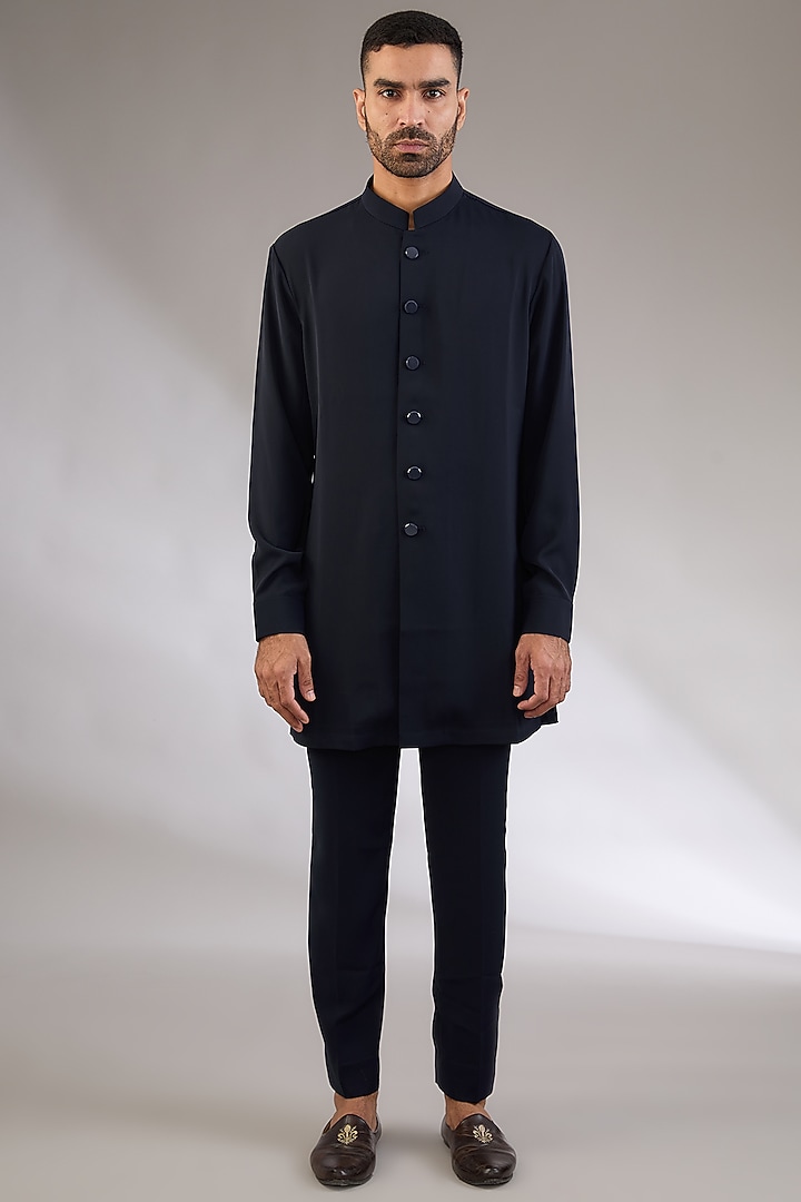 Navy Blue Viscose Suiting Knit Artwork Front-Open Nehru Jacket Set by Qbik Men at Pernia's Pop Up Shop