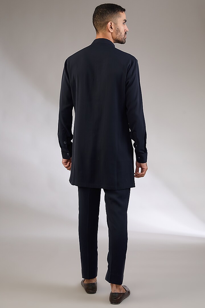 Navy Blue Viscose Suiting Knit Artwork Front-Open Nehru Jacket Set by Qbik Men at Pernia's Pop Up Shop