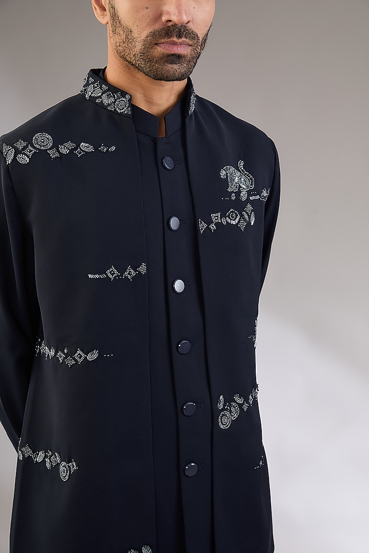 Navy Blue Viscose Suiting Knit Artwork Front-Open Nehru Jacket Set by Qbik Men at Pernia's Pop Up Shop