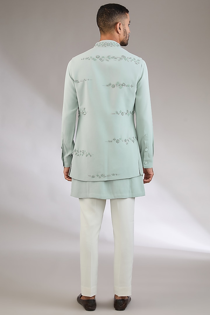 Mint Viscose Suiting Knit Artwork Front-Open Nehru Jacket Set by Qbik Men at Pernia's Pop Up Shop