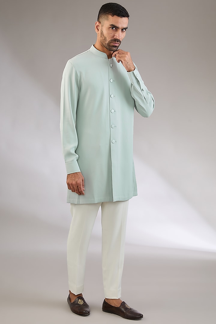 Mint Viscose Suiting Knit Artwork Front-Open Nehru Jacket Set by Qbik Men at Pernia's Pop Up Shop
