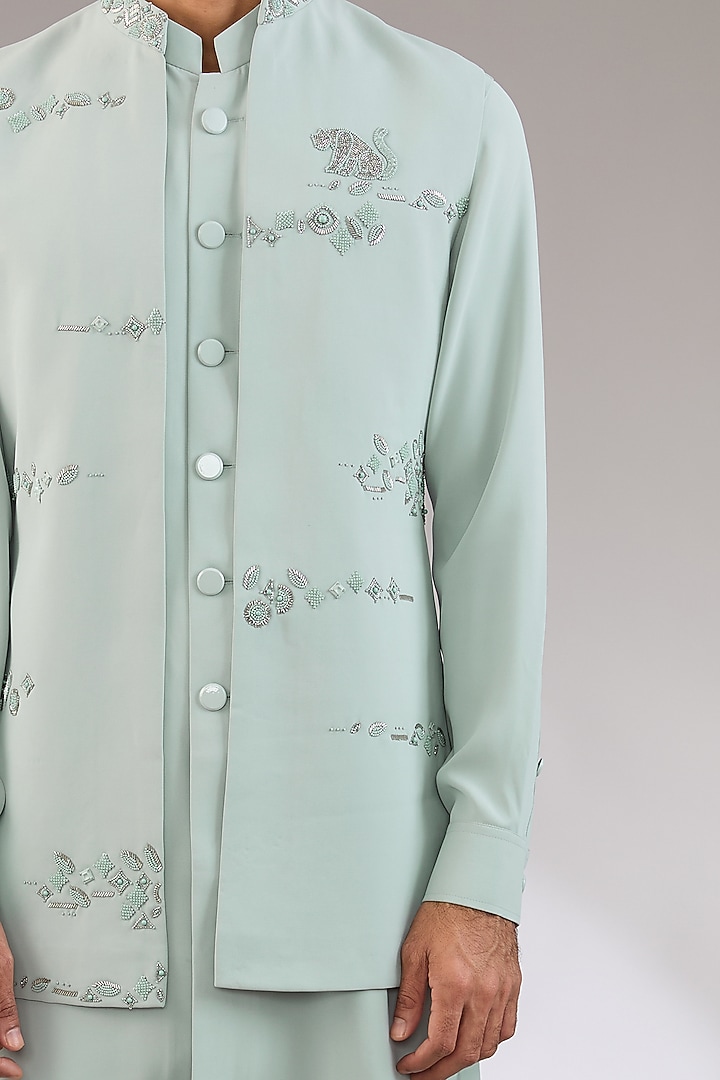 Mint Viscose Suiting Knit Artwork Front-Open Nehru Jacket Set by Qbik Men at Pernia's Pop Up Shop