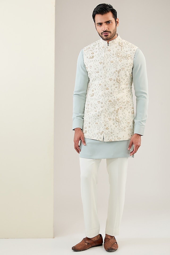 Ivory Viscose Suiting Knit Embroidered Nehru Jacket Set by Qbik Men