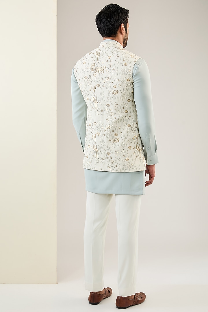 Ivory Viscose Suiting Knit Embroidered Nehru Jacket Set by Qbik Men at Pernia's Pop Up Shop