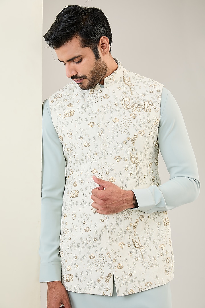 Ivory Viscose Suiting Knit Embroidered Nehru Jacket Set by Qbik Men at Pernia's Pop Up Shop